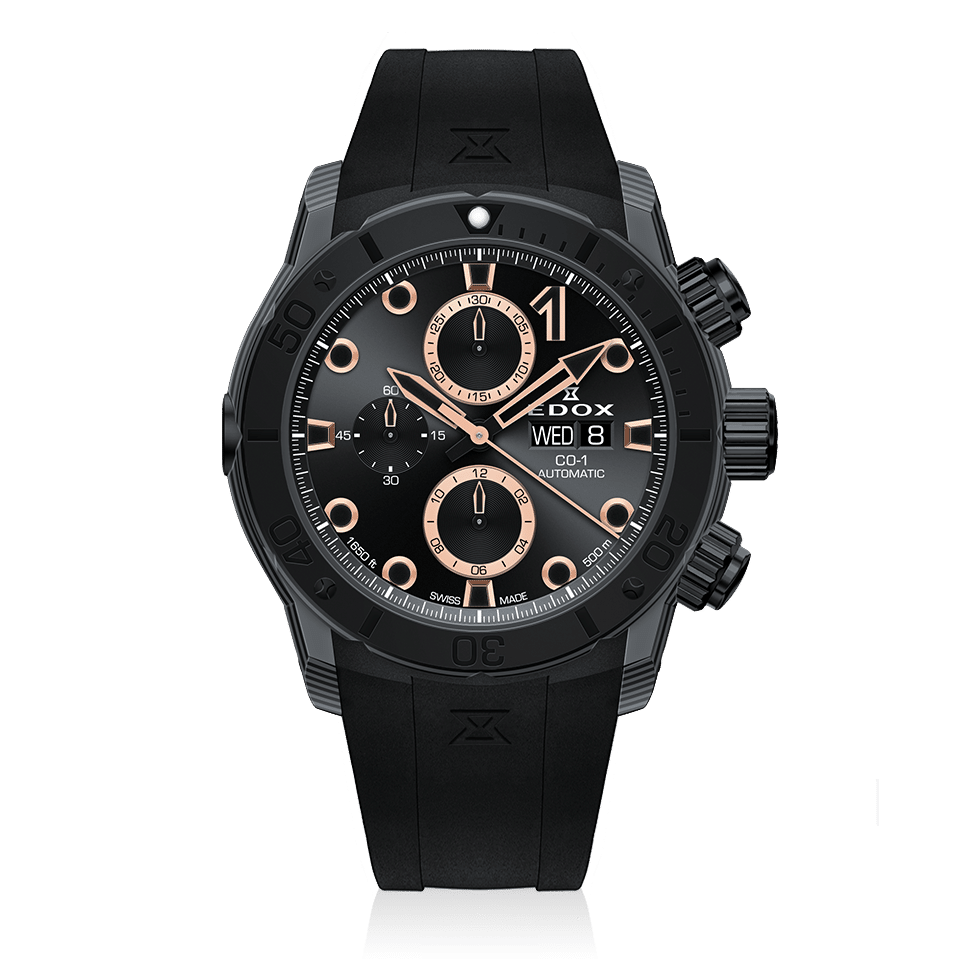 Edox CO-1 Carbon Chronograph Automatic, black dial, carbon case, rubber, 45mm, ref 01125-CCN-NR