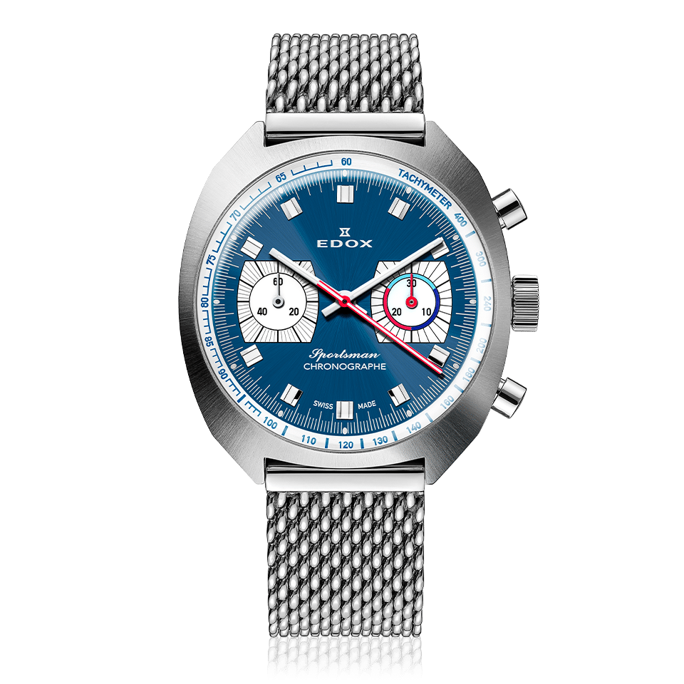 Edox Sportsman Chronograph Automatic Limited Edition, blue dial, steel bracelet, 41mm, ref 08202-3BU-BUIN