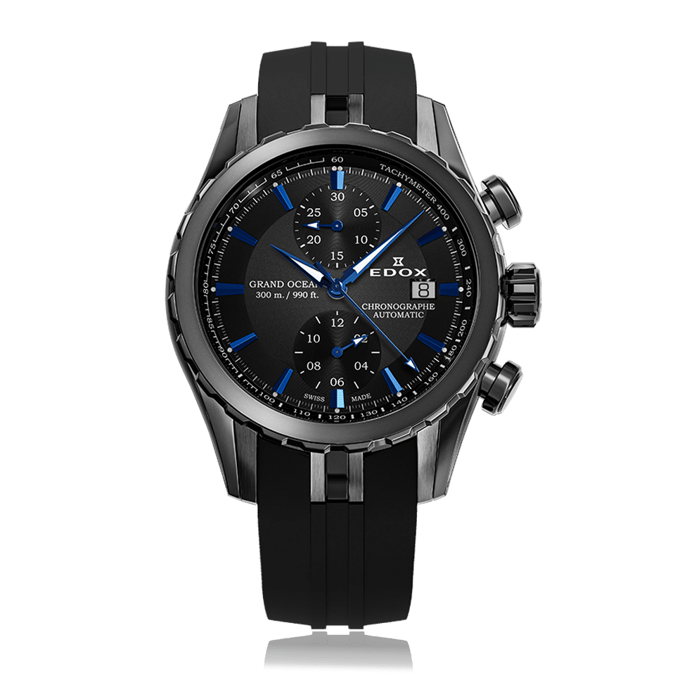 Edox Grand Ocean Chronograph Automatic, black dial, black PVD, rubber, 43mm, ref 09800-357GNCA-NIBU