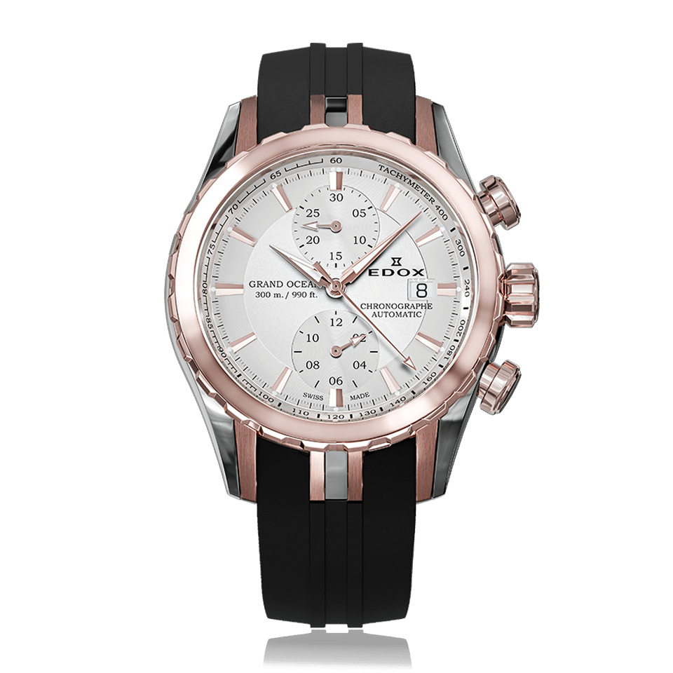 Edox Grand Ocean Chronograph Automatic, silver dial, rose PVD, 43mm, ref 09800-357RCA-AIR