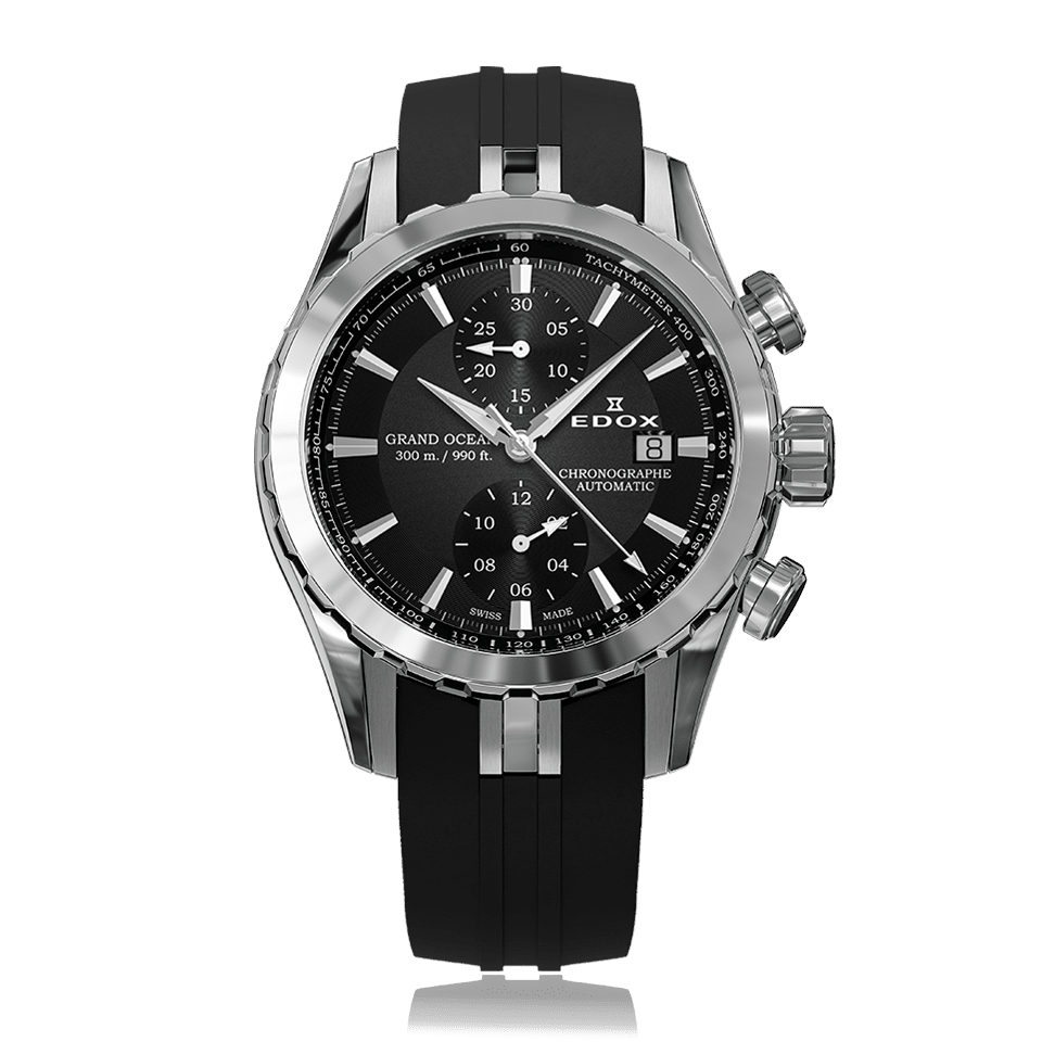 Edox Grand Ocean Chronograph Automatic, black dial, steel, rubber, 43mm, ref 09800-3CA-NIN
