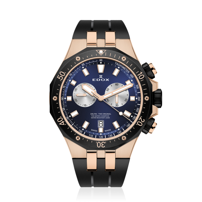 Edox Delfin Chronograph, blue dial, rose PVD, rubber strap, 43mm, ref 10109-357RNCA-BUIRA