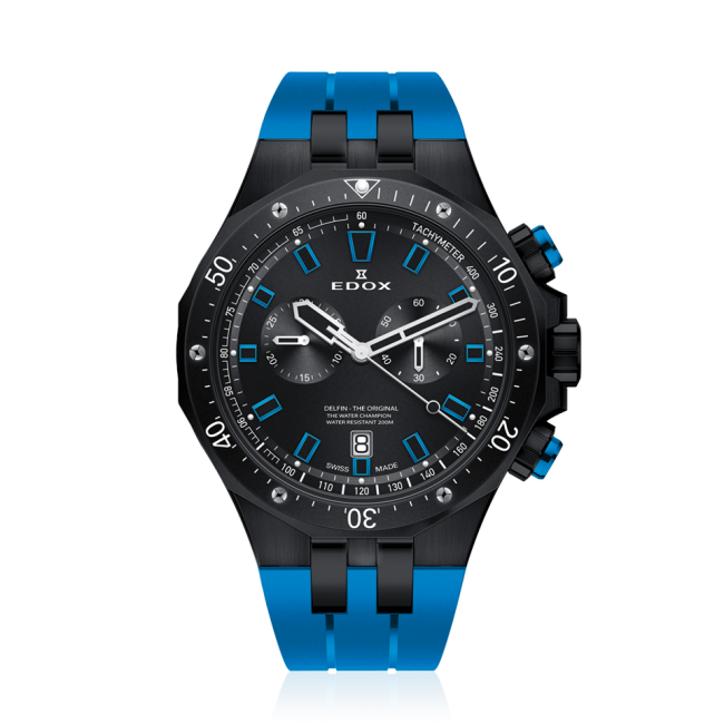 Edox Delfin The Original Chronograph, black dial, black PVD, rubber strap, 43mm, ref 10109-37NBUCA-NIBU