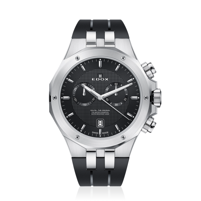 Edox Delfin Chronograph, black dial, steel case, rubber strap, 43mm, ref 10110-3CA-NIN
