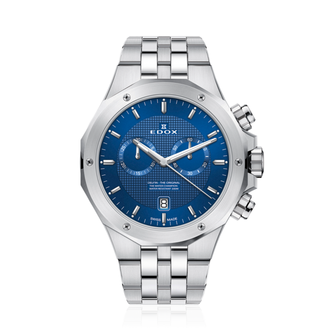 Edox Delfin Chronograph, blue dial, steel bracelet, 43mm, ref 10110-3M-BUIN