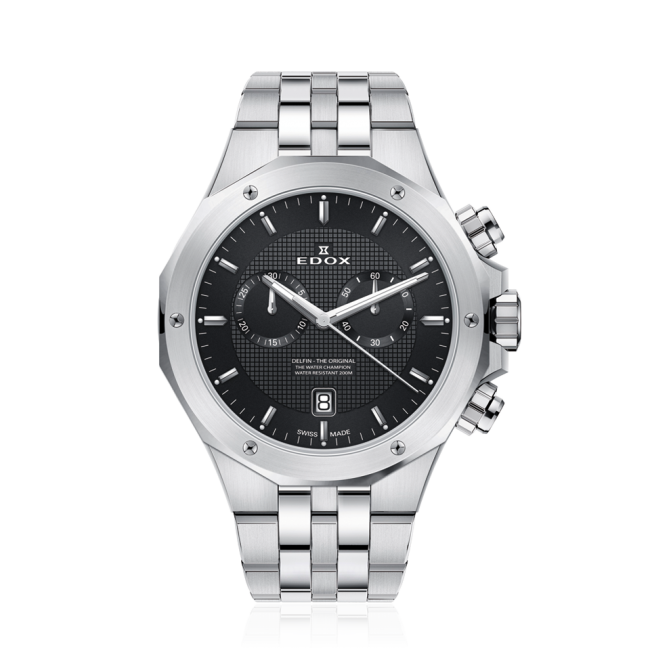 Edox Delfin Chronograph, black dial, steel bracelet, 43mm, ref 10110-3M-NIN