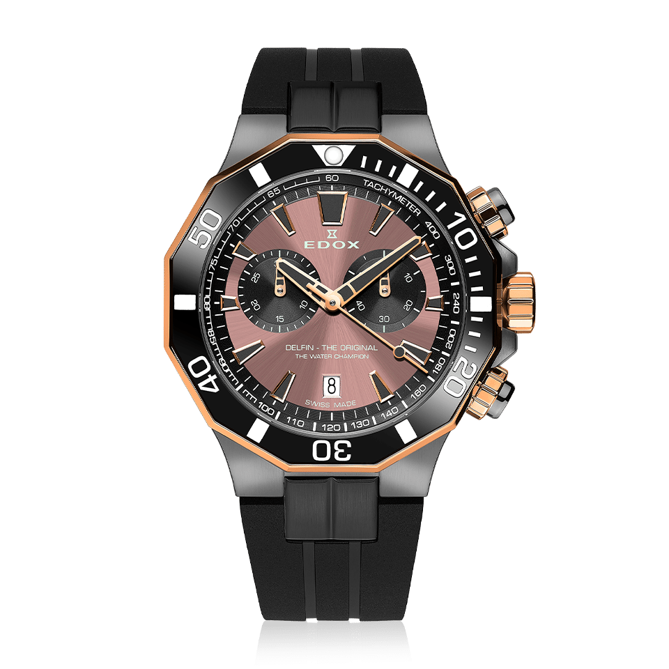 Edox Delfin Chronograph, brown dial, grey PVD, rubber strap, 43mm, ref 10112-357GRNCA-BRNR
