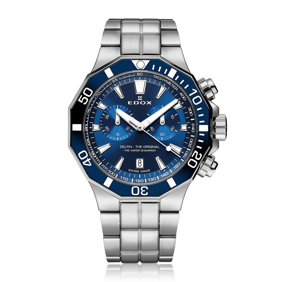 Edox Delfin Chronograph, blue dial, steel bracelet, 43mm, ref 10112-3BUM-BUIN