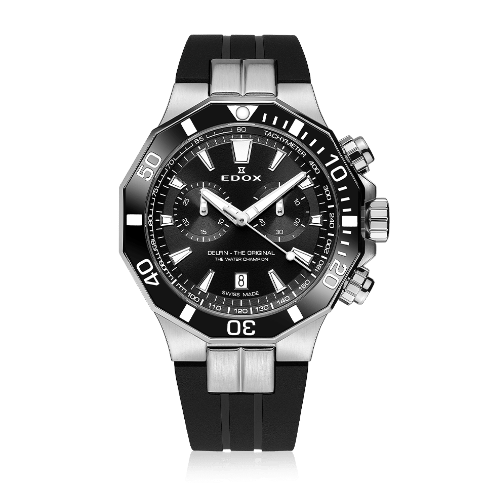 Edox Delfin Chronograph, black dial, rubber strap, 43mm, ref 10112-3NCA-NIN