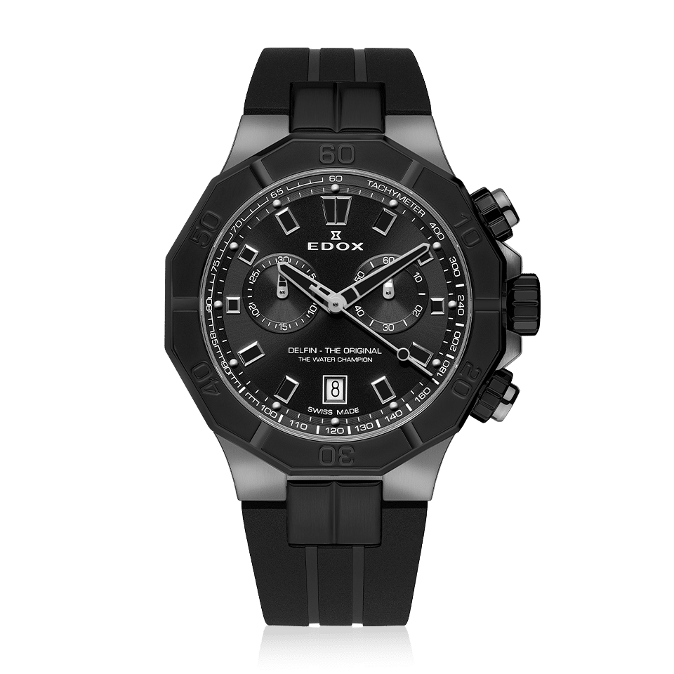 Edox Delfin Chronograph, black dial, grey PVD, rubber strap, 43mm, ref 10113-37GNCA-NGIN