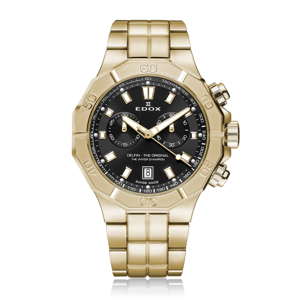 Edox Delfin Chronograph, black dial, yellow-gold PVD bracelet, 43mm, ref 10113-37JM-NID