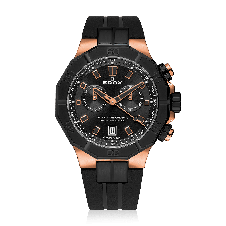 Edox Delfin Chronograph, black dial, rose PVD, rubber strap, 43mm, ref 10113-37RNCA-NIR