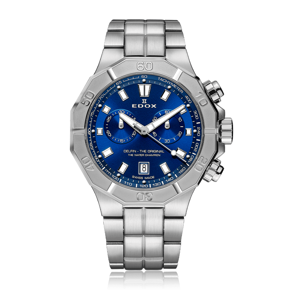 Edox Delfin Chronograph, blue dial, steel bracelet, 43mm, ref 10113-3M-BUIN
