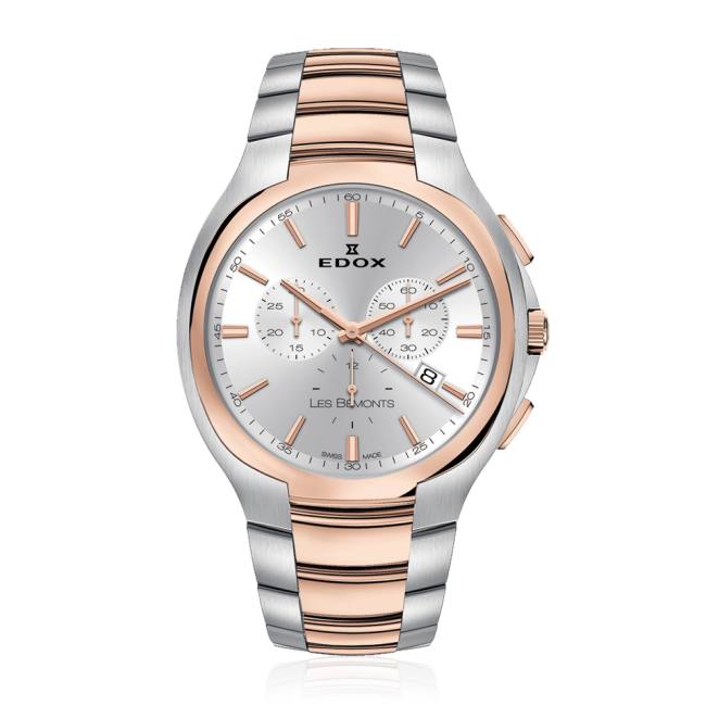 Edox Les Bemonts Ultra Slim Chronograph, silver dial, pink PVD, steel bracelet, 42mm, ref 10239-357R-AIR