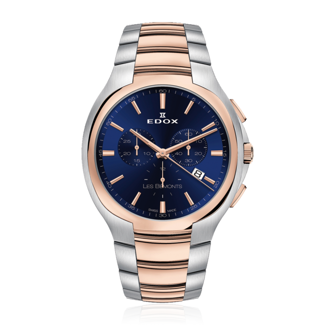 Edox Les Bemonts Ultra Slim Chronograph, blue dial, pink PVD, steel bracelet, 42mm, ref 10239-357R-BUIR