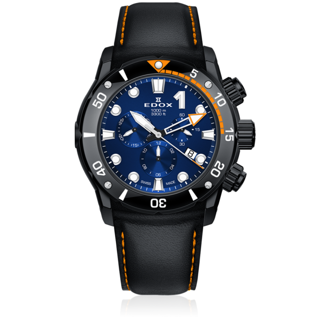 Edox CO-1 Chronograph, blue dial, black-PVD titanium, leather strap, 45mm, ref 10242-TINNO-BUIN