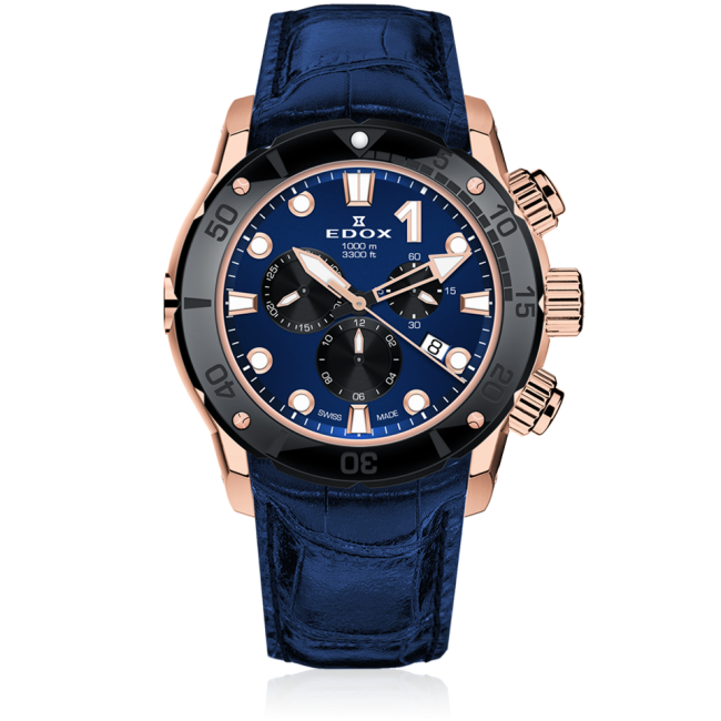 Edox CO-1 Chronograph, blue dial, rose-PVD titanium, leather strap, 45mm, ref 10242-TINR-BUIRN