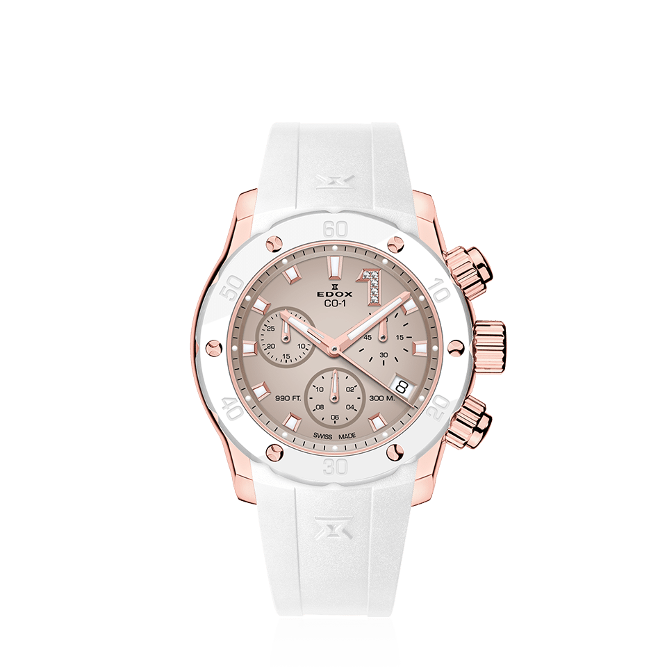 Edox CO-1 ChronoLady, beige dial, pink PVD, rubber, 38mm, ref 10255-37RBCAB-BEIDR