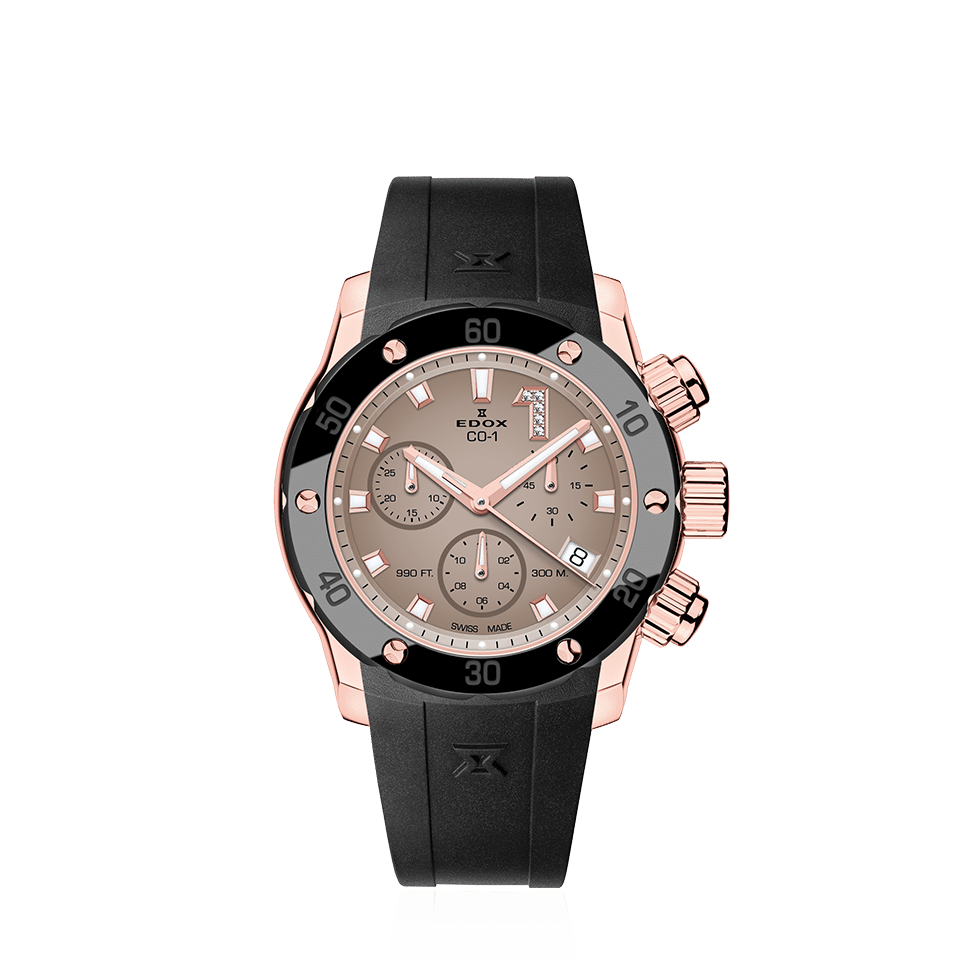 Edox CO-1 ChronoLady, brown dial, pink PVD, rubber, 38mm, ref 10255-37RCA-BRDR