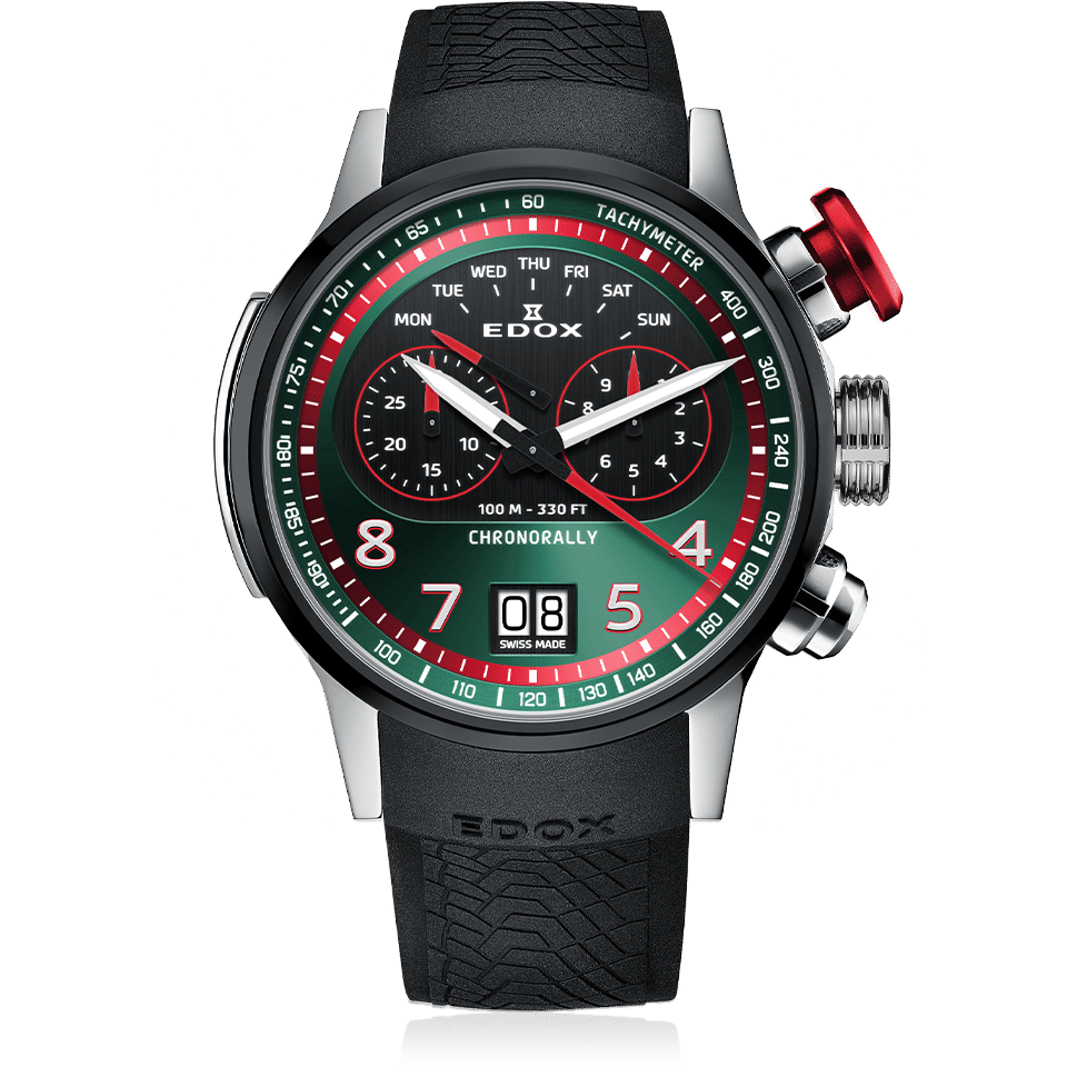 Edox Chronorally Chronograph, green dial, titanium, rubber, 48mm, ref 38001-TINNR-VR