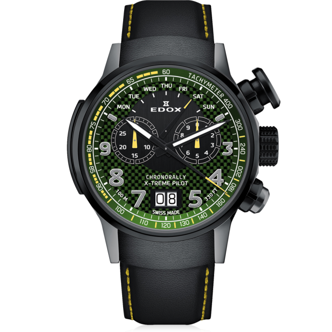Edox Chronorally X-treme Pilot Limited Edition, black and green dial, grey PVD titanium, leather, 48mm, ref 38001-TINGN-V3
