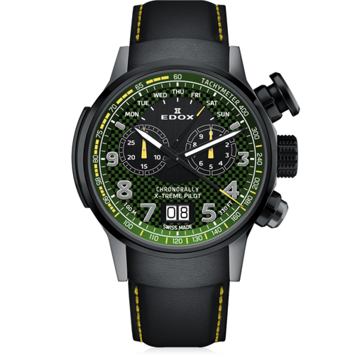 Edox Chronorally X-treme Pilot Limited Edition, black and green dial, grey PVD titanium, leather, 48mm, ref 38001-TINGN-V3