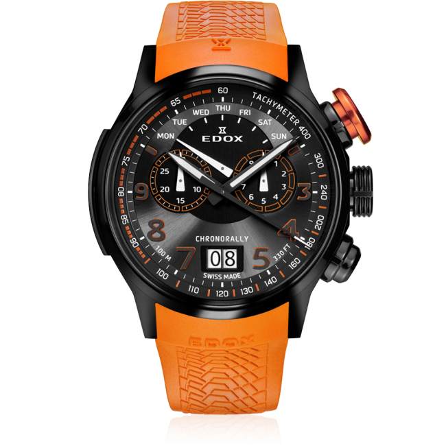 Edox Chronorally Chronograph, black dial with orange, black PVD titanium, rubber, 48mm, ref 38001-TINNO3-NO3
