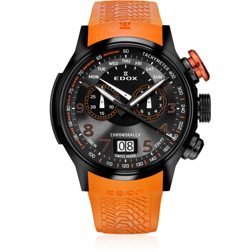 Edox Chronorally Chronograph, black dial with orange, black PVD titanium, rubber, 48mm, ref 38001-TINNO3-NO3