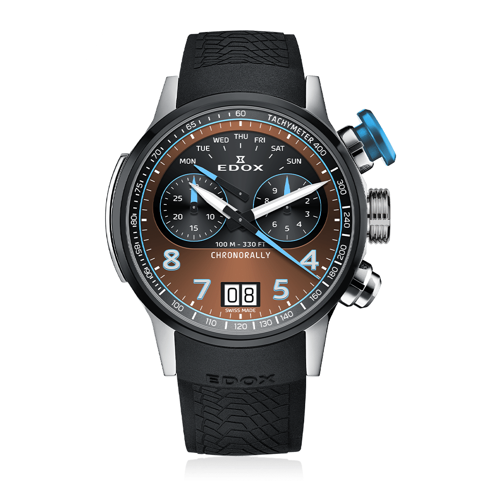 Edox Chronorally 45 Chronograph, brown dial, titanium, rubber, 45mm, ref 38003-TINBU-BRNBU