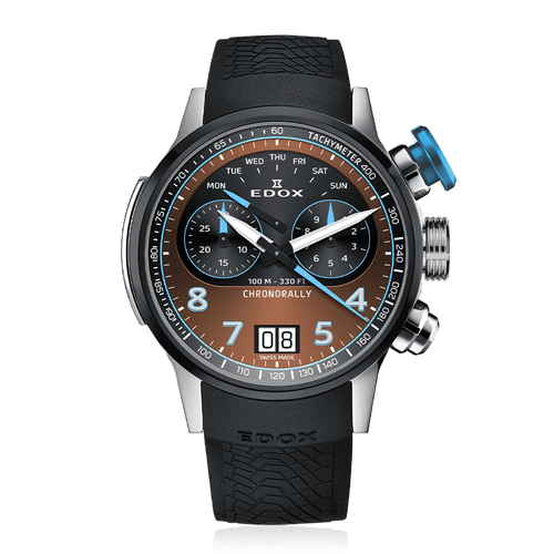 Edox Chronorally 45 Chronograph, brown dial, titanium, rubber, 45mm, ref 38003-TINBU-BRNBU