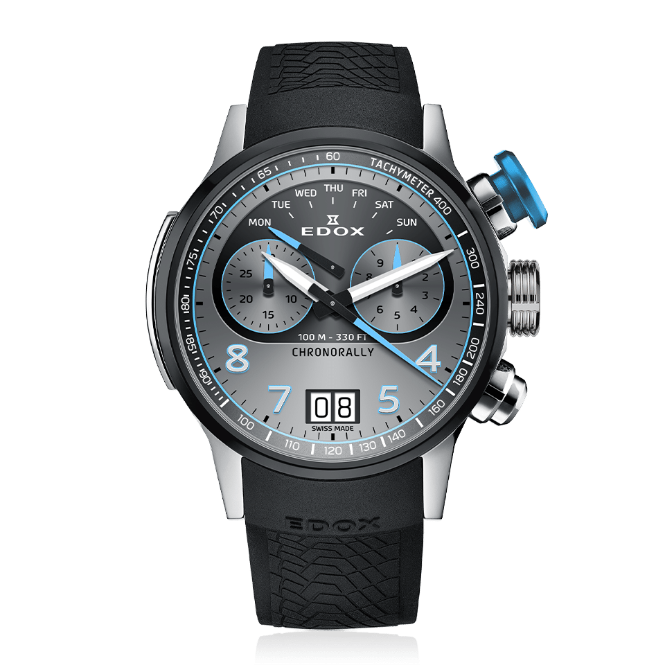 Edox Chronorally 45 Chronograph, grey dial with blue accents, titanium, rubber, 45mm, ref 38003-TINBU-GNBU