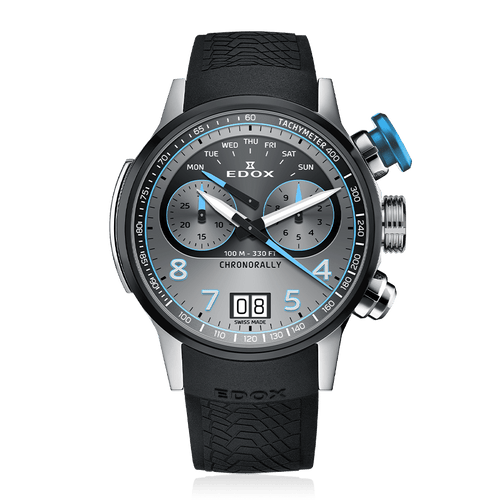 Edox Chronorally 45 Chronograph, grey dial with blue accents, titanium, rubber, 45mm, ref 38003-TINBU-GNBU