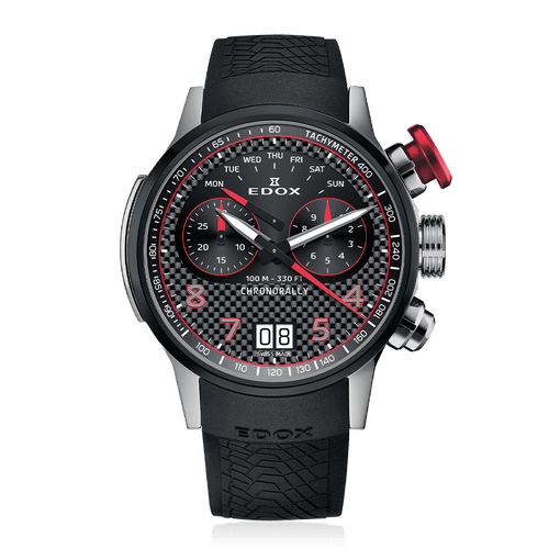Edox Chronorally 45 Chronograph, black dial with red accents, titanium, rubber, 45mm, ref 38003-TINRO-CARO