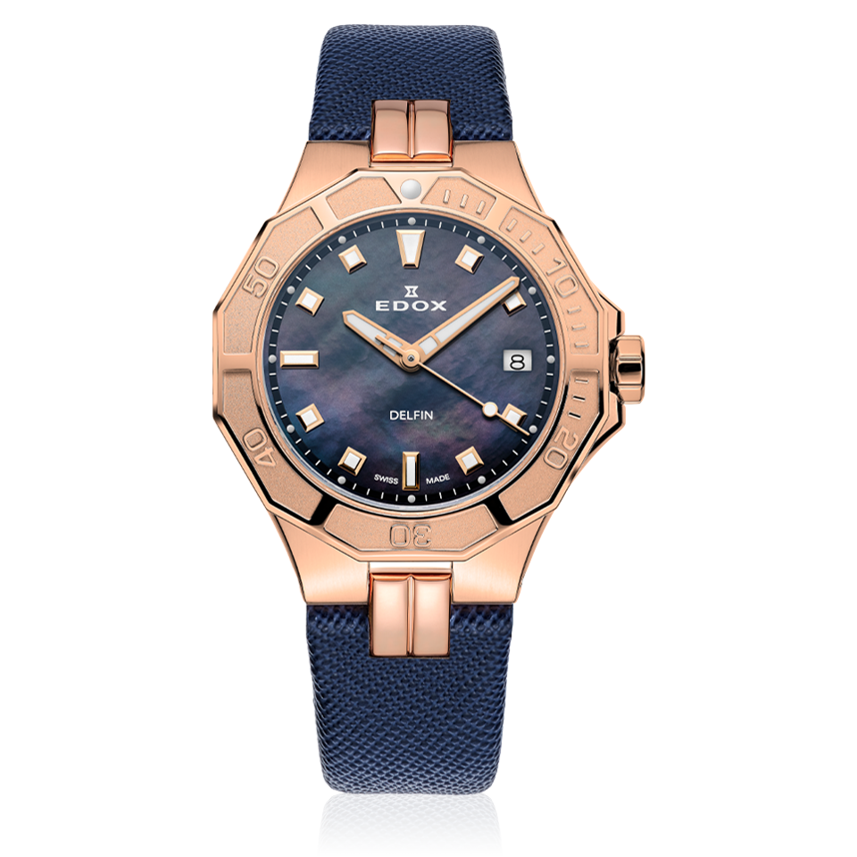 Edox Delfin Diver Date Lady, blue mother-of-pearl, rose PVD, 38mm, ref 53020-37RC-NANR