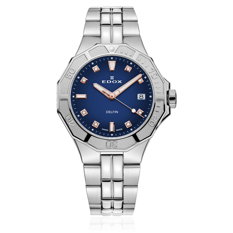 Edox Delfin Diver Date Lady Special Edition, blue dial, steel bracelet, 38mm, ref 53020-3M-BUDDR