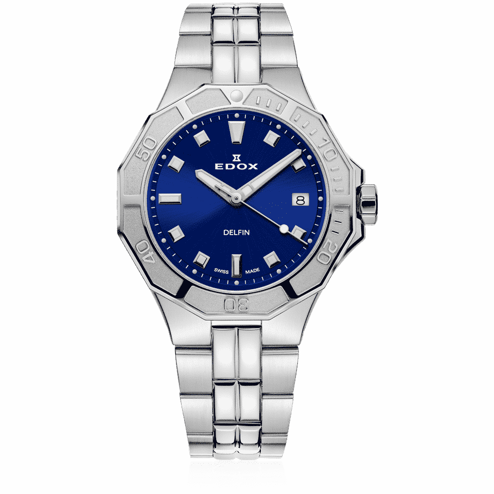 Edox Delfin Diver Date Lady, blue dial, steel bracelet, 38mm, ref 53020-3M-BUN