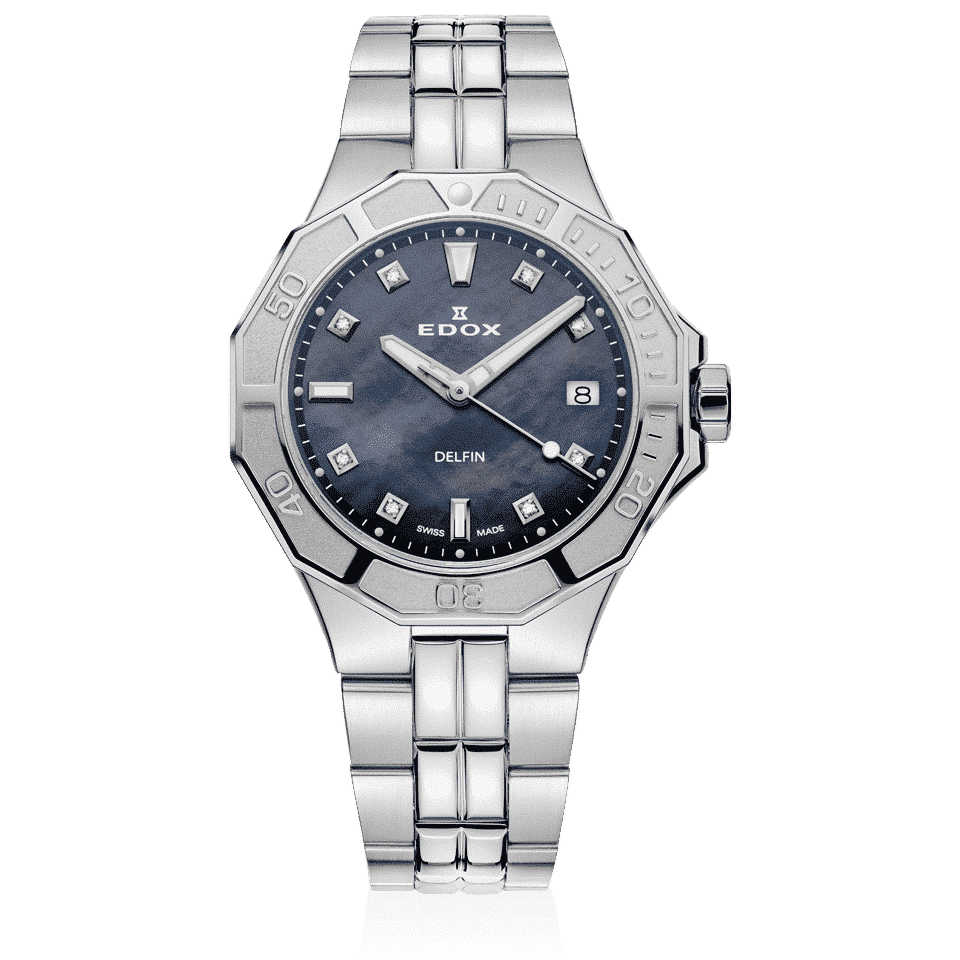 Edox Delfin Diver Date Lady, blue mother-of-pearl dial, steel bracelet, 38mm, ref 53020-3M-NANND