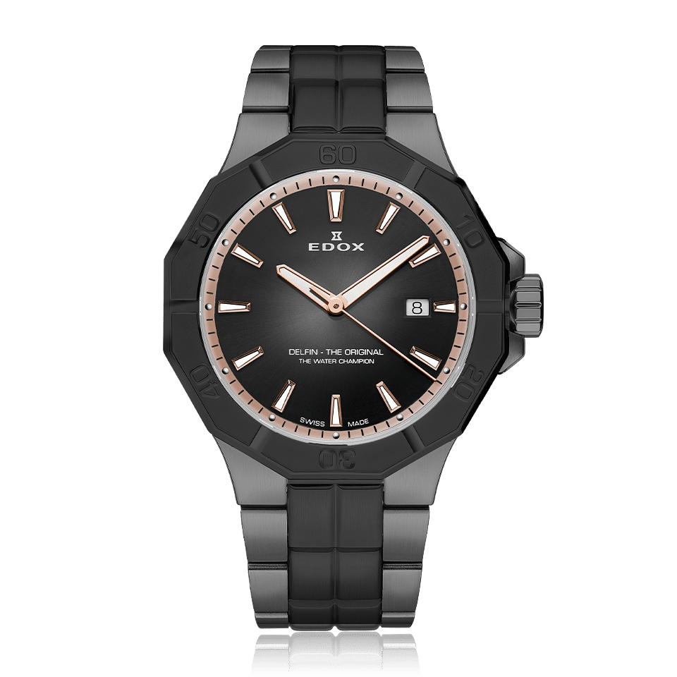 Edox Delfin The Original Date, black dial with gold, steel bracelet, 43mm, ref 53021-37GNM-NDR