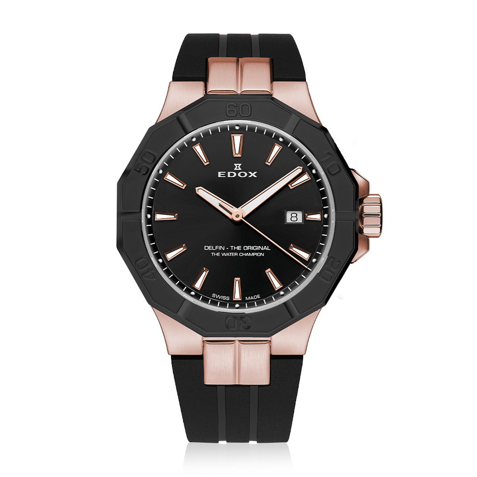 Edox Delfin The Original Date, black dial, rose PVD, rubber strap, 43mm, ref 53021-37RNCA-NIR