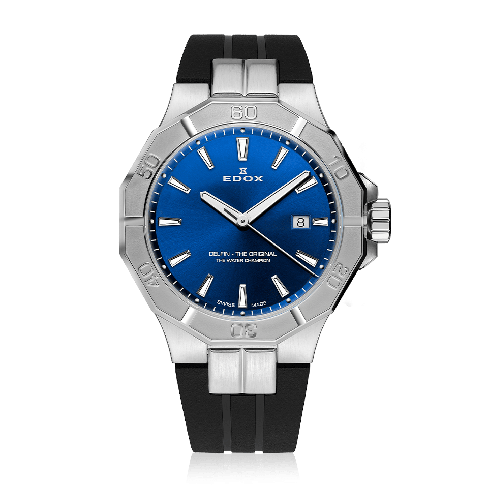 Edox Delfin The Original Date, blue dial, rubber strap, 43mm, ref 53021-3CA-BUIN