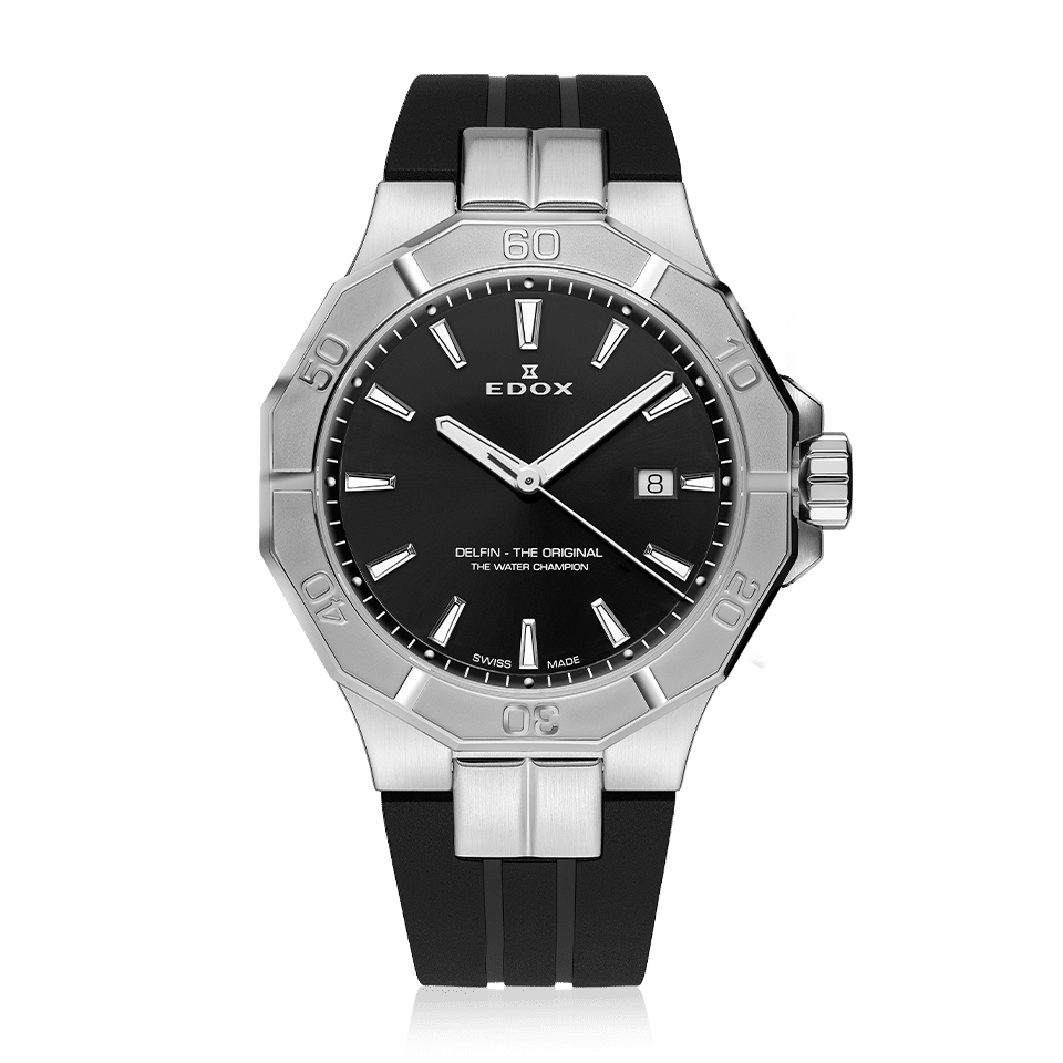 Edox Delfin The Original Date, black dial, rubber strap, 43mm, ref 53021-3CA-NIN