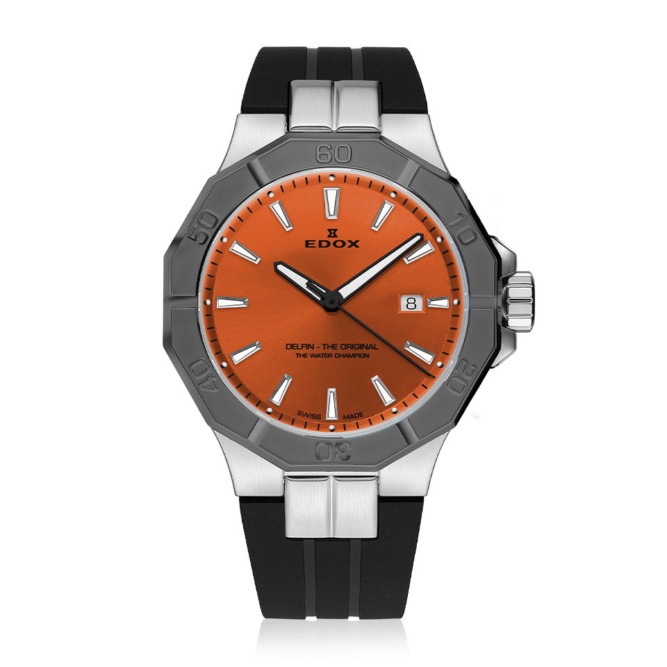 Edox Delfin The Original Date, orange dial, grey PVD, rubber strap, 43mm, ref 53021-3GCA-OINO