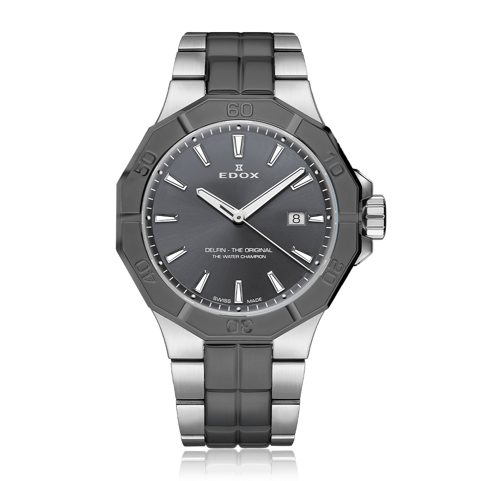 Edox Delfin The Original Date, grey PVD, steel bracelet, 43mm, ref 53021-3GM-GIN
