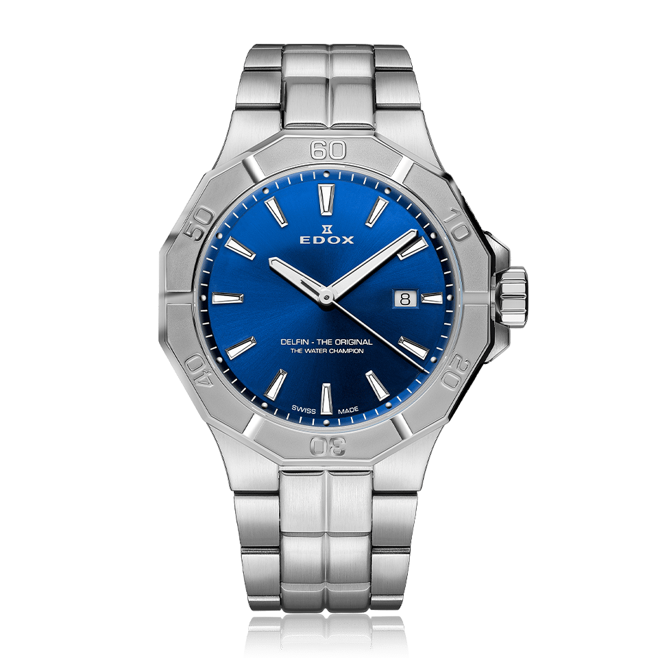 Edox Delfin The Original Date, blue dial, steel bracelet, 43mm, ref 53021-3M-BUIN