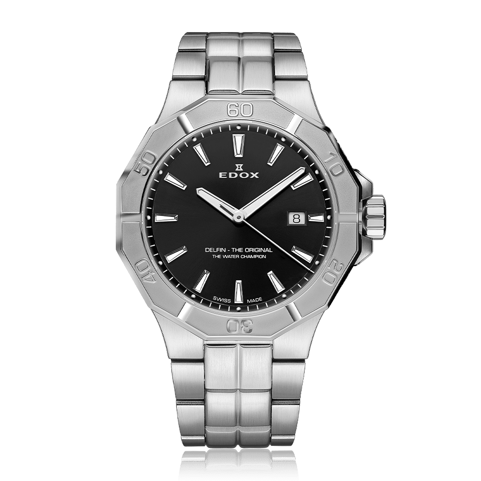 Edox Delfin The Original Date, black dial, steel bracelet, 43mm, ref 53021-3M-NIN