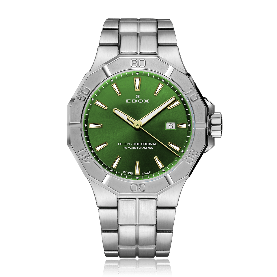 Edox Delfin The Original Date, green dial, steel bracelet, 43mm, ref 53021-3M-VID