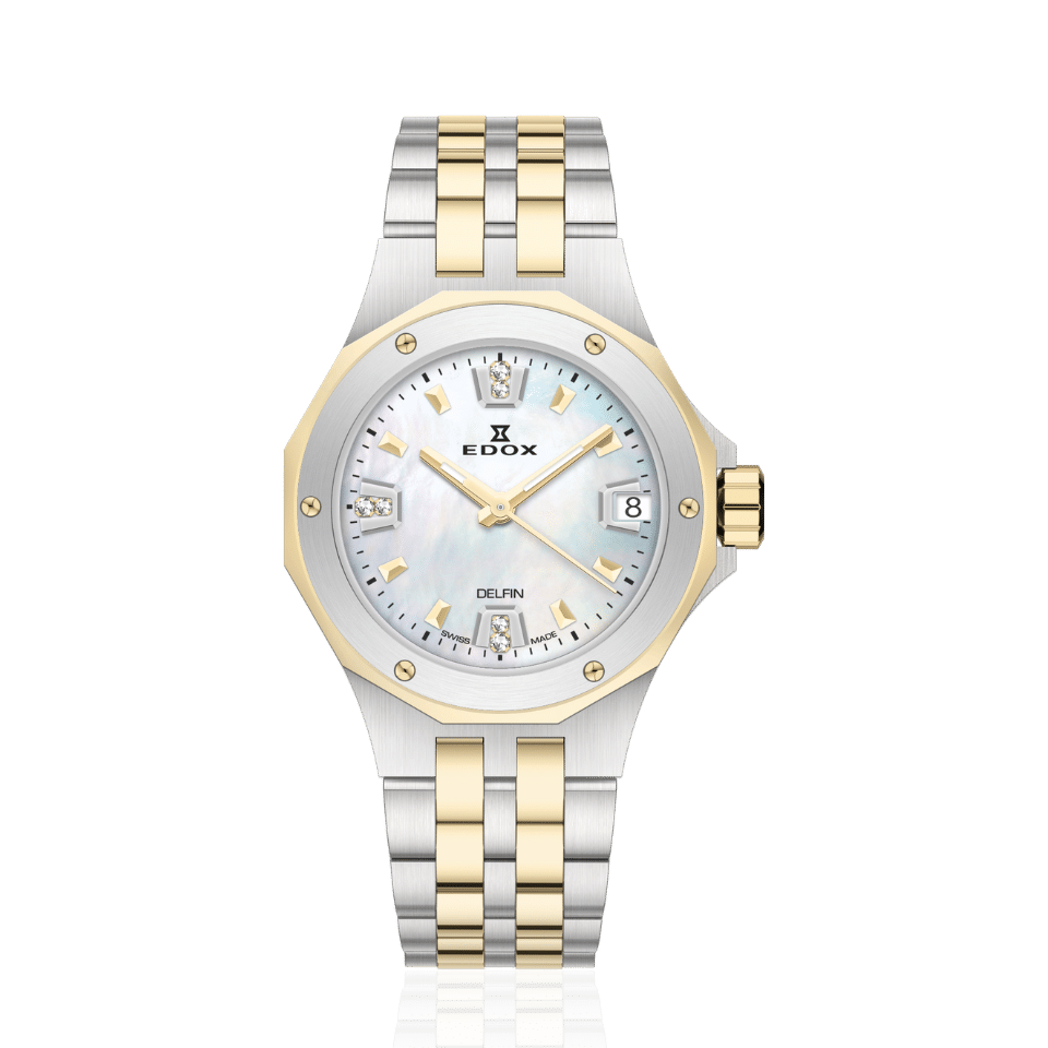 Edox Delfin Date Lady, white mother-of-pearl, diamond indices, yellow-gold PVD, 33mm, ref 53100-357JM-NADND