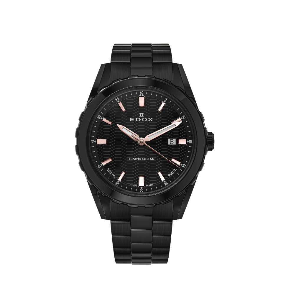 Edox Grand Ocean Date Gents, black PVD, steel bracelet, 42mm, ref 53102-37NM-NIR