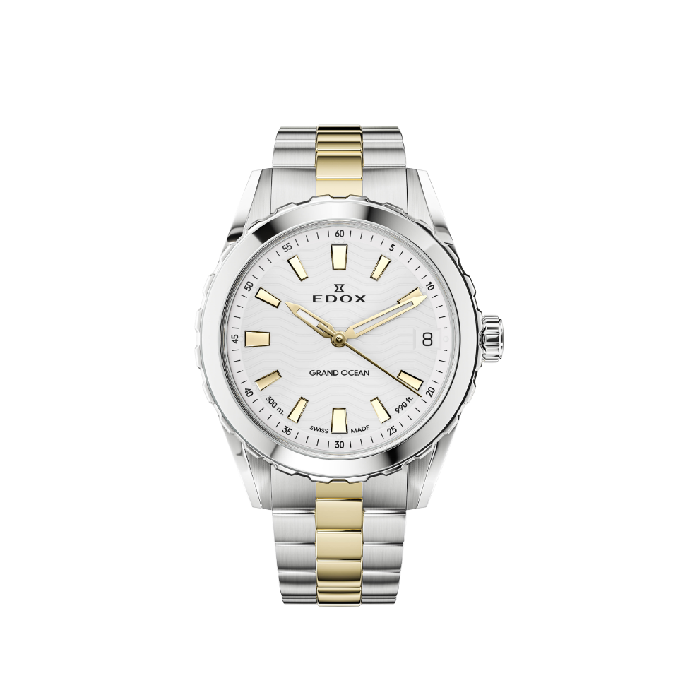Edox Grand Ocean Date Ladies, silver dial, yellow-gold PVD bracelet, 33mm, ref 53103-357JM-AID