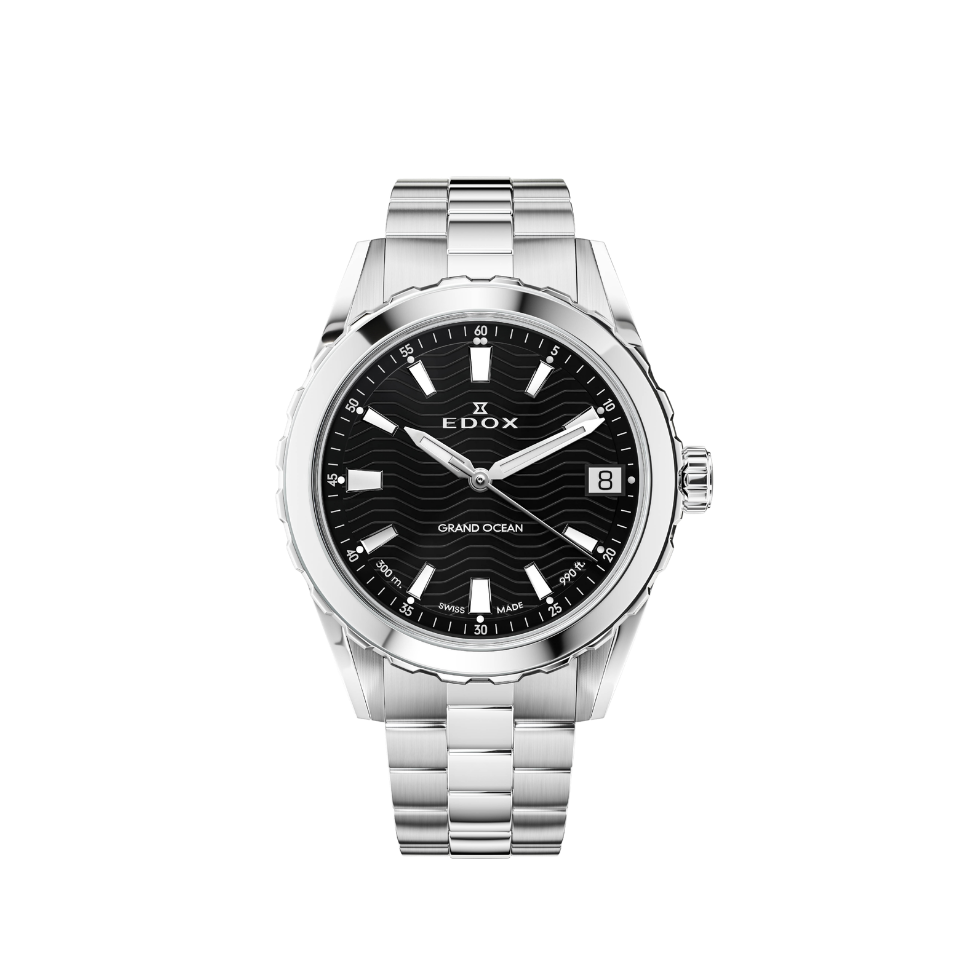 Edox Grand Ocean Date Ladies, black dial, steel bracelet, 33mm, ref 53103-3M-NIN